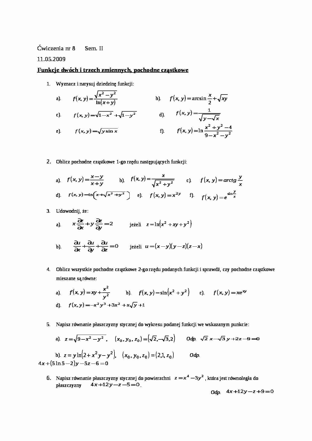 Funkcje dwóch i trzech zmiennych, pochodne czastkowe - cwiczenia - strona 1