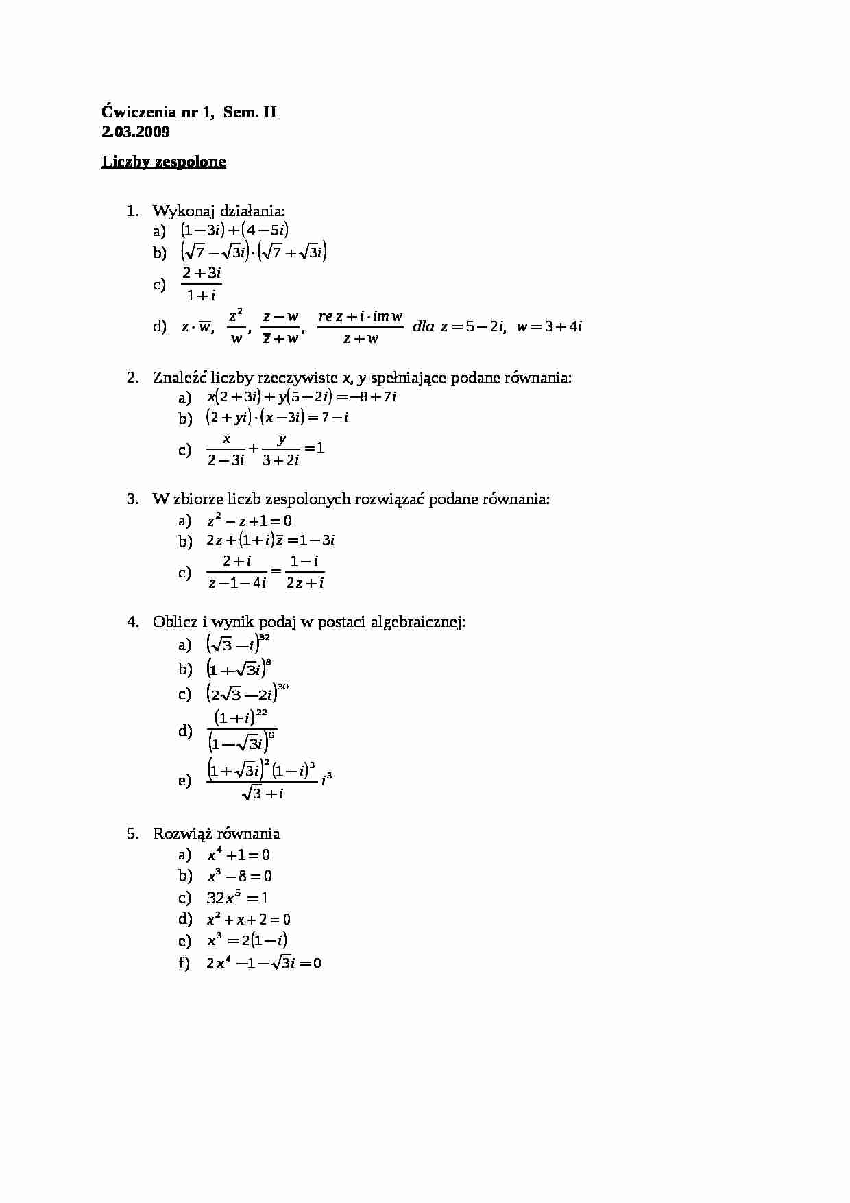 Liczby zespolone - zadania - strona 1