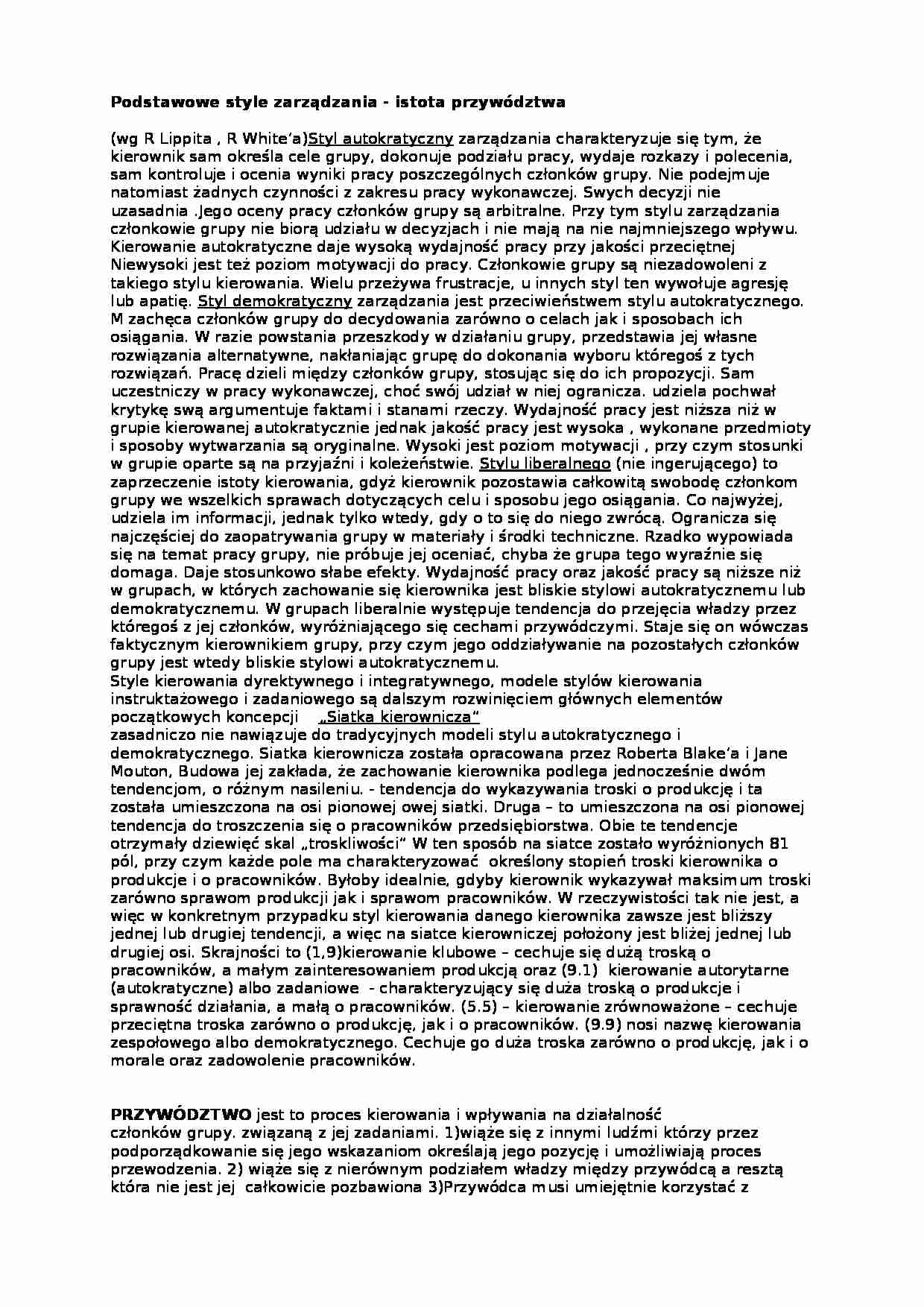 Podstawowe style zarządzania - istota przywództwa - Styl liberalny  - strona 1