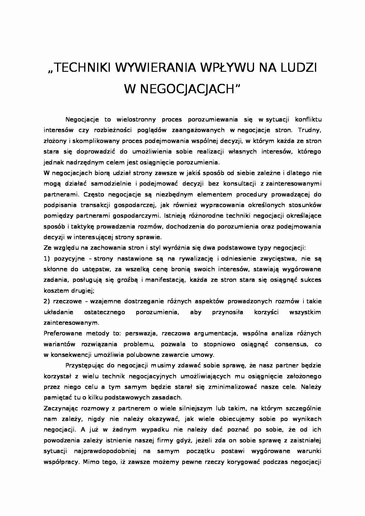Techniki wywierania wplywu na ludzi w negocjacjach  - strona 1