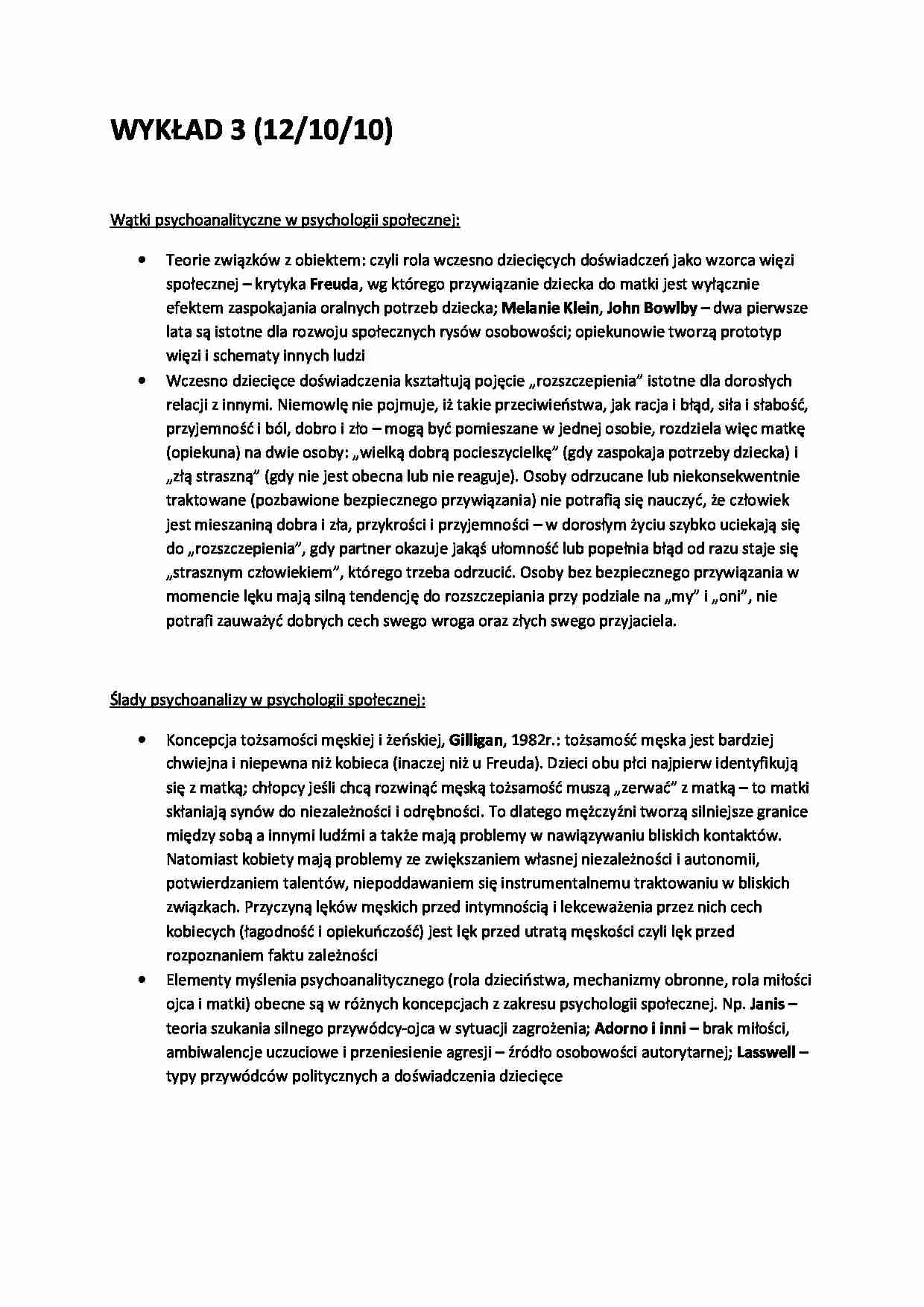 Wykład 3, Wątki psychoanalityczne w psychologii społecznej - strona 1