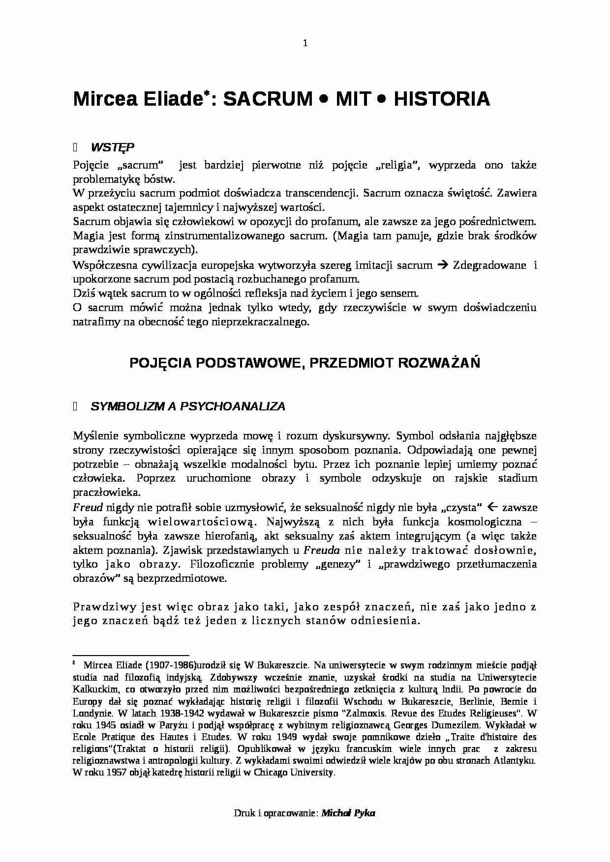 Mircea Eliade -mit, sacrum, historia - strona 1