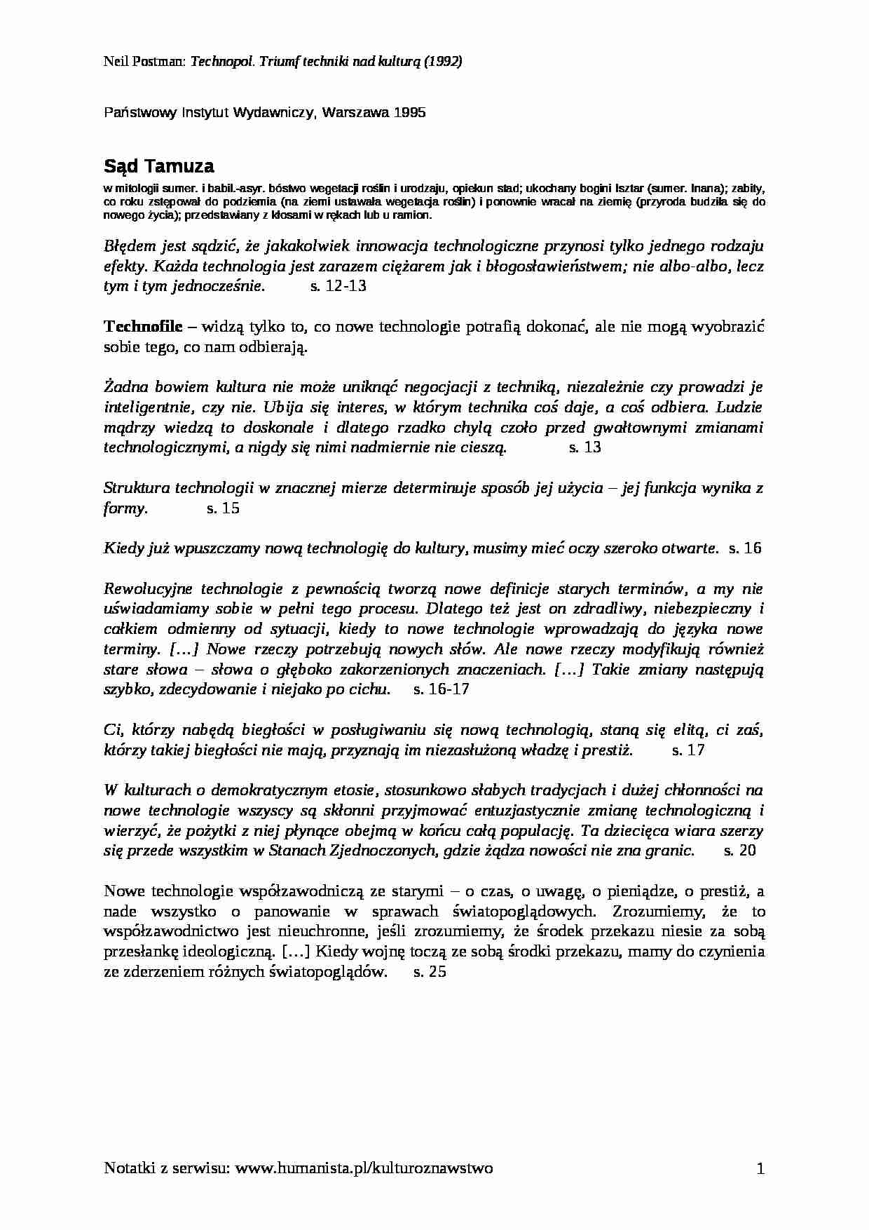 Neil Postman - Technopol. Triumf techniki nad kulturą  - strona 1