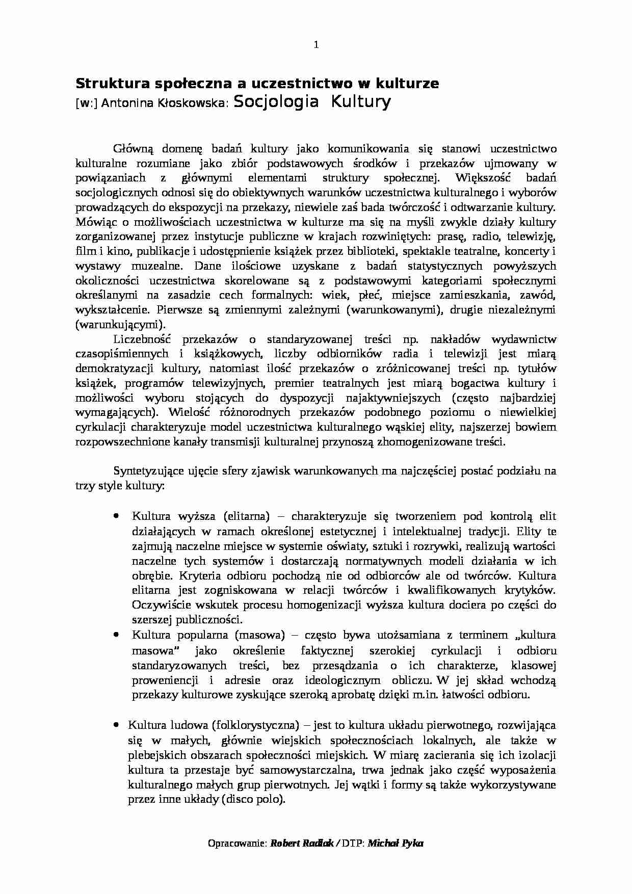 Struktura społeczna a uczestnictwo w kulturze - strona 1