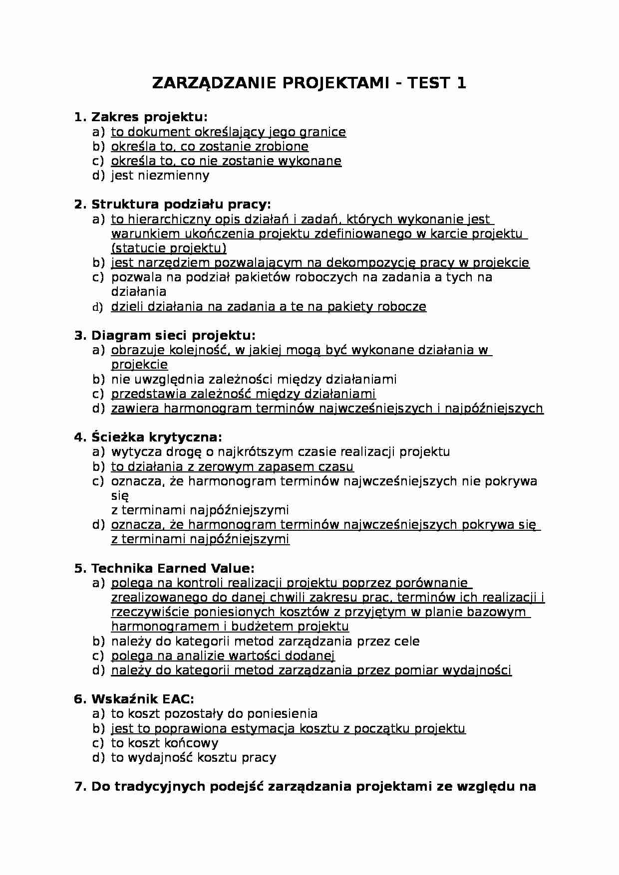 Zarządzania projektami - test na egzamin 1 - strona 1