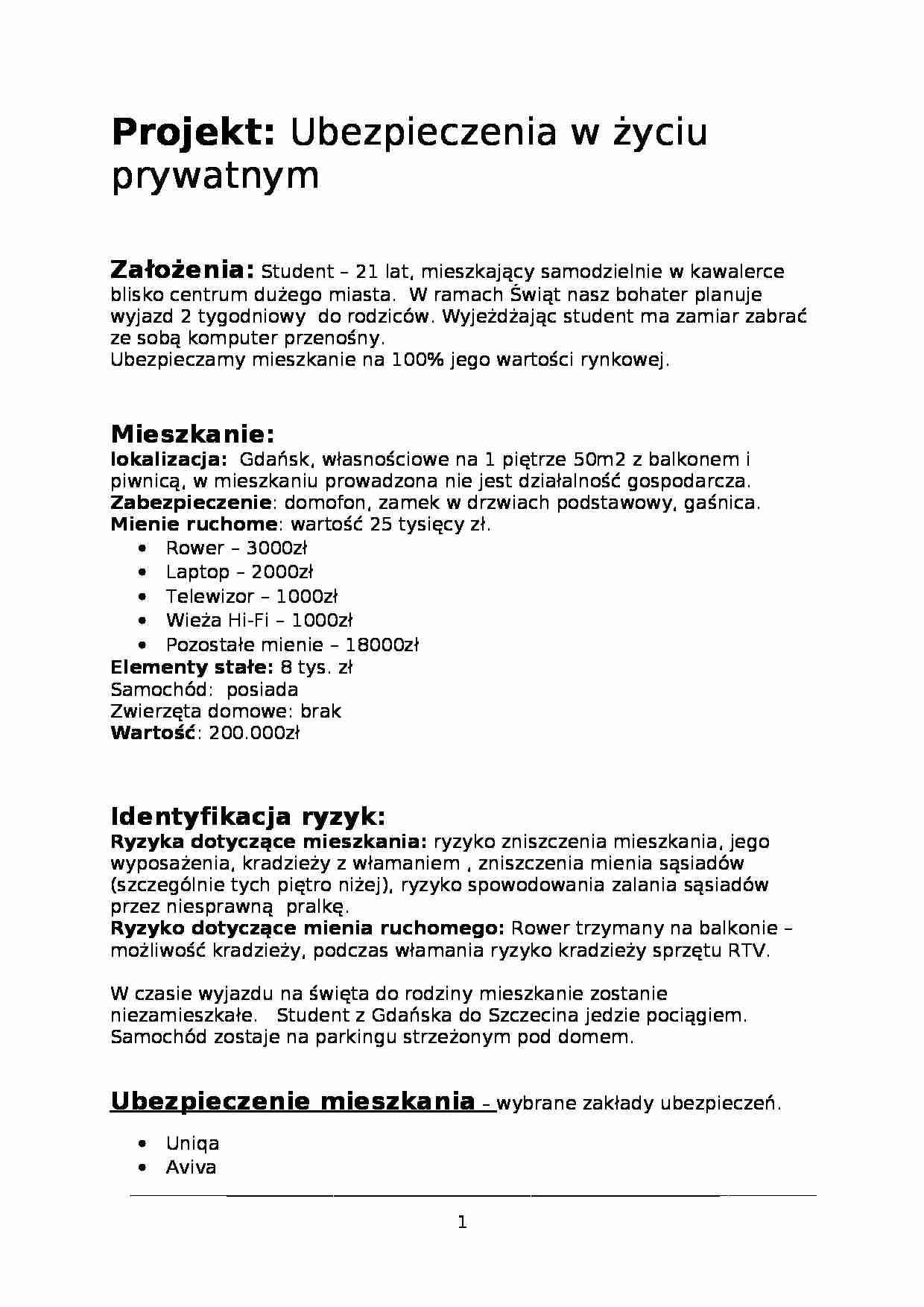 Ubezpieczenia w życiu prywatnym - projekt - strona 1