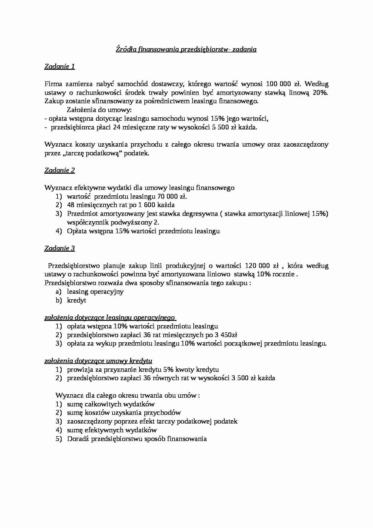 Źródła finansowania przedsiębiorstw - zadania - strona 1