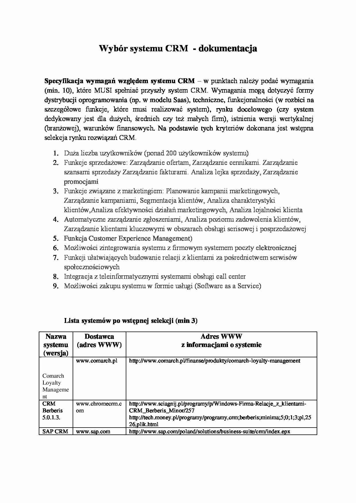 Wybór systemu CRM - dokumentacja  - strona 1