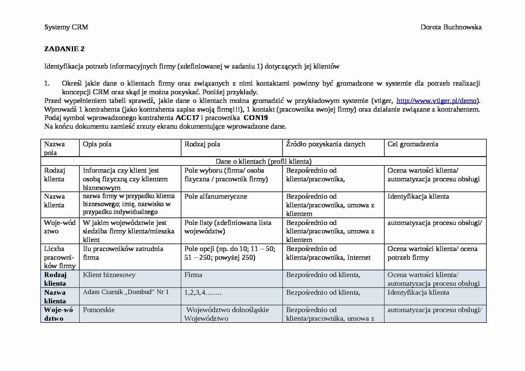 Identyfikacja potrzeb informacyjnych formy - zadanie 2 - strona 1
