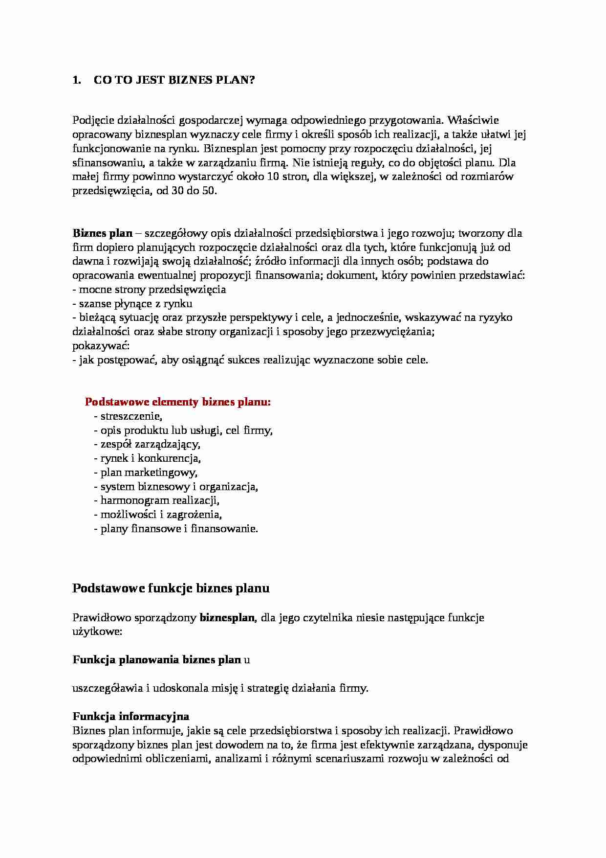 Biznes plan - elementy i funkcje  - strona 1