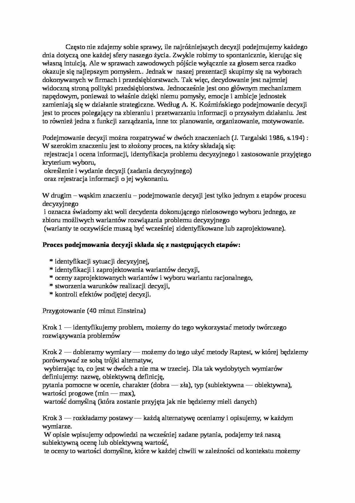 Proces podejmowania decyzji - Model jednoosobowego aktora - strona 1