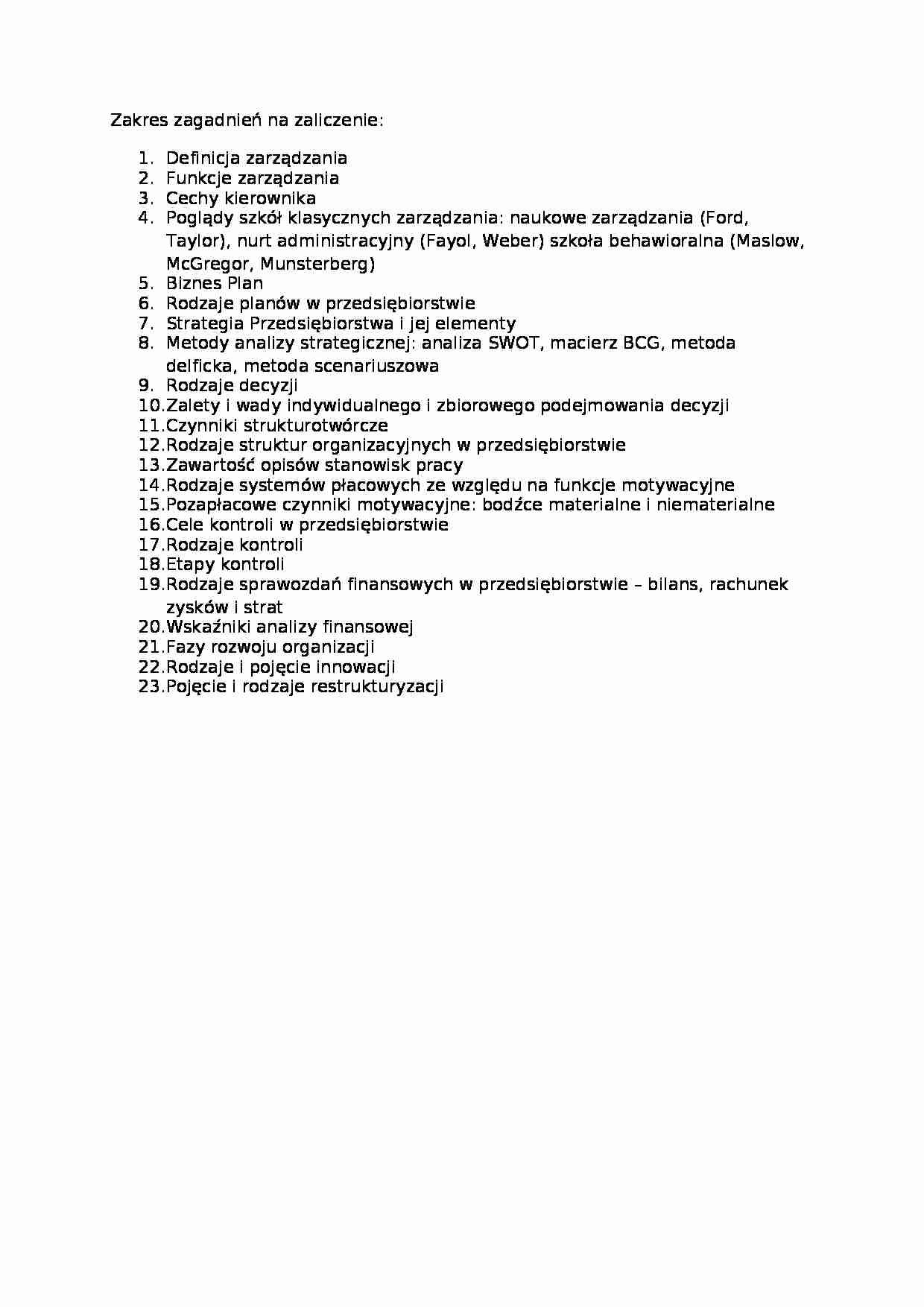 Zarządzanie - zakres zagadnień na zaliczenie - strona 1