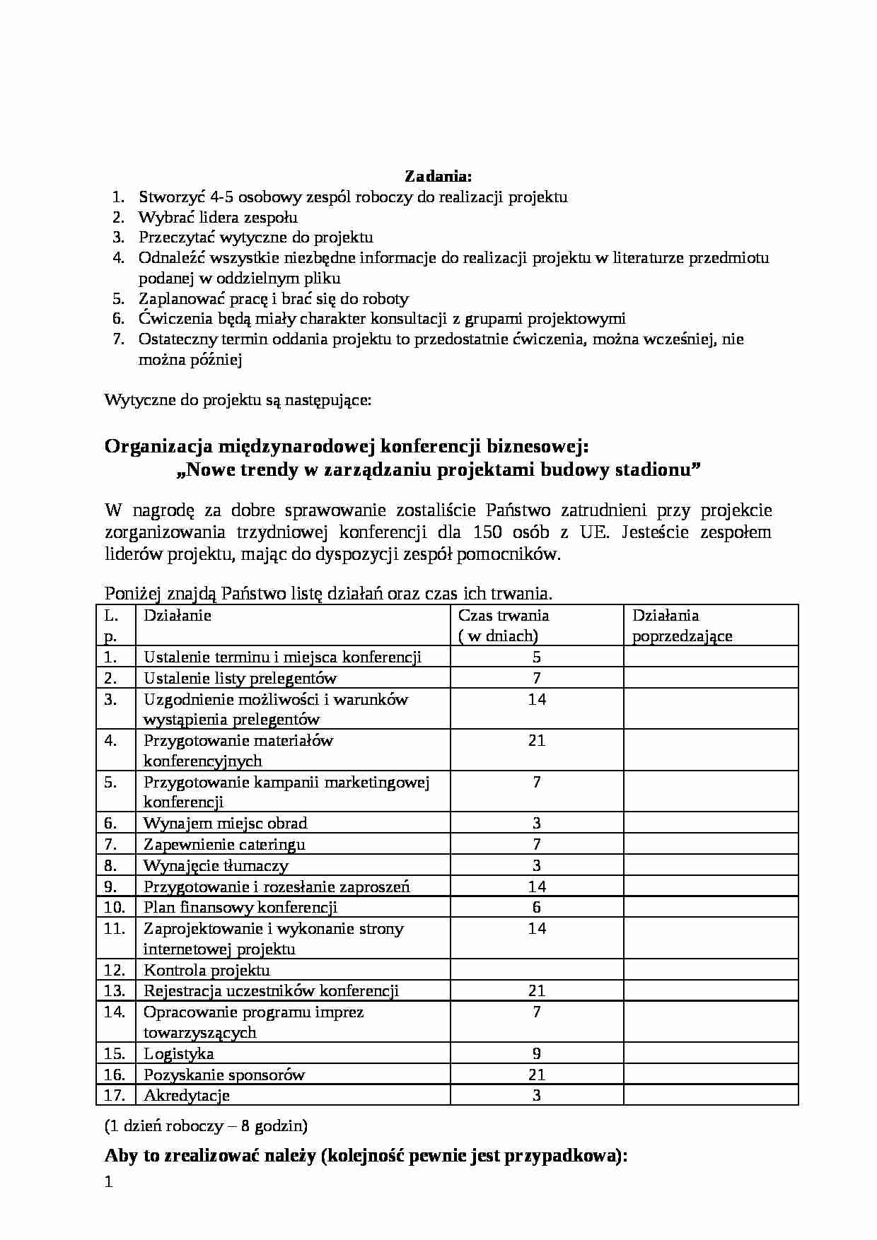 Organizacja konferencji - projekt  - strona 1