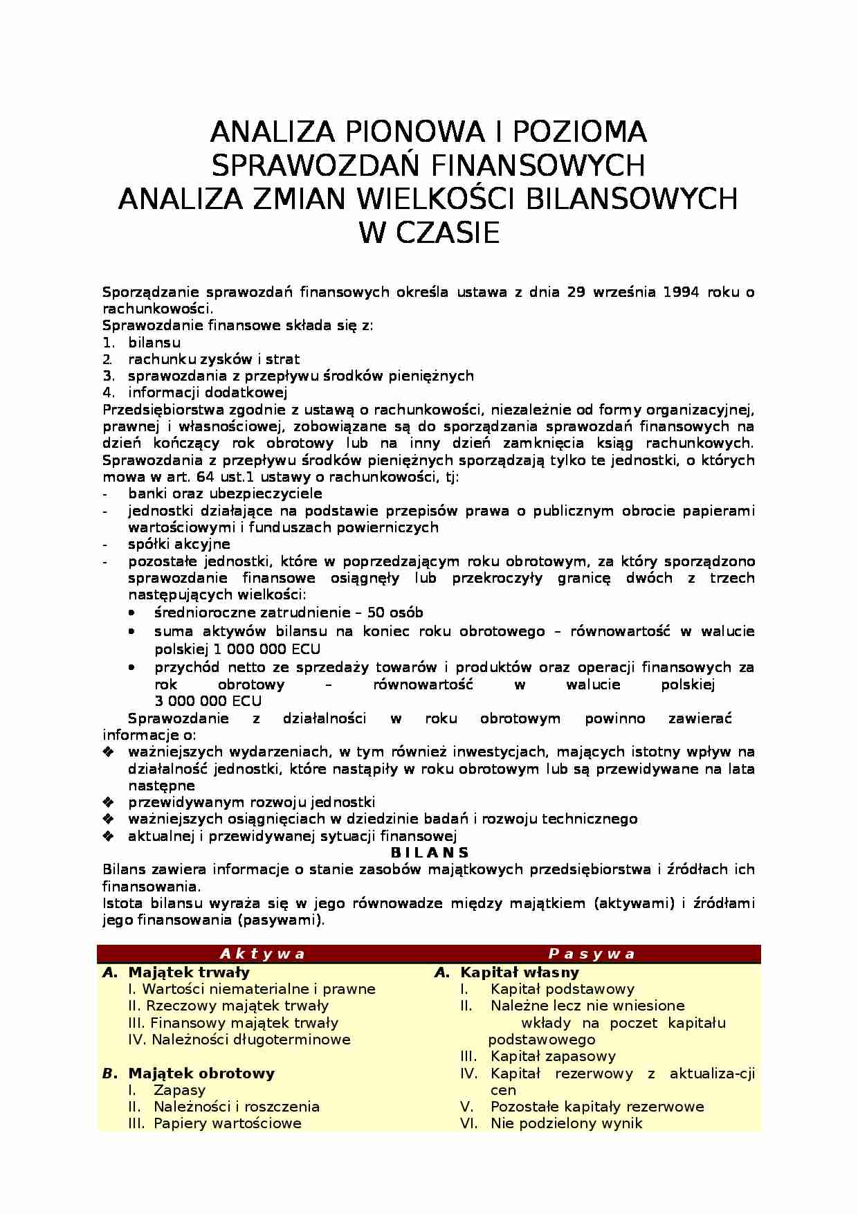 Analiza pionowa i pozioma sprawozdań finansowych - strona 1