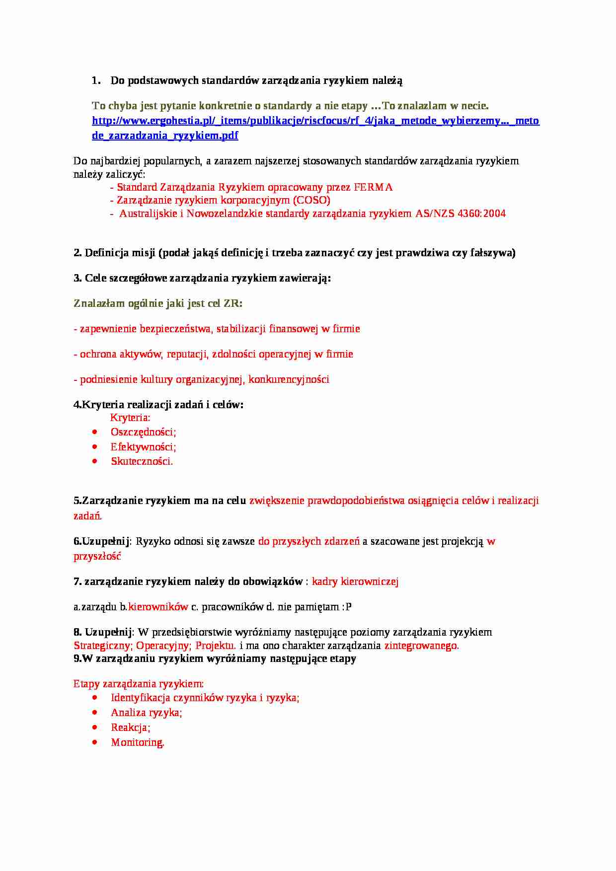 Zarządzanie ryzykiem - pytania na egzamin 2 - strona 1