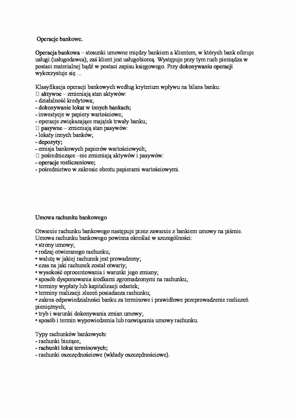 Operacje bankowe - formy i klasyfikacja  - strona 1