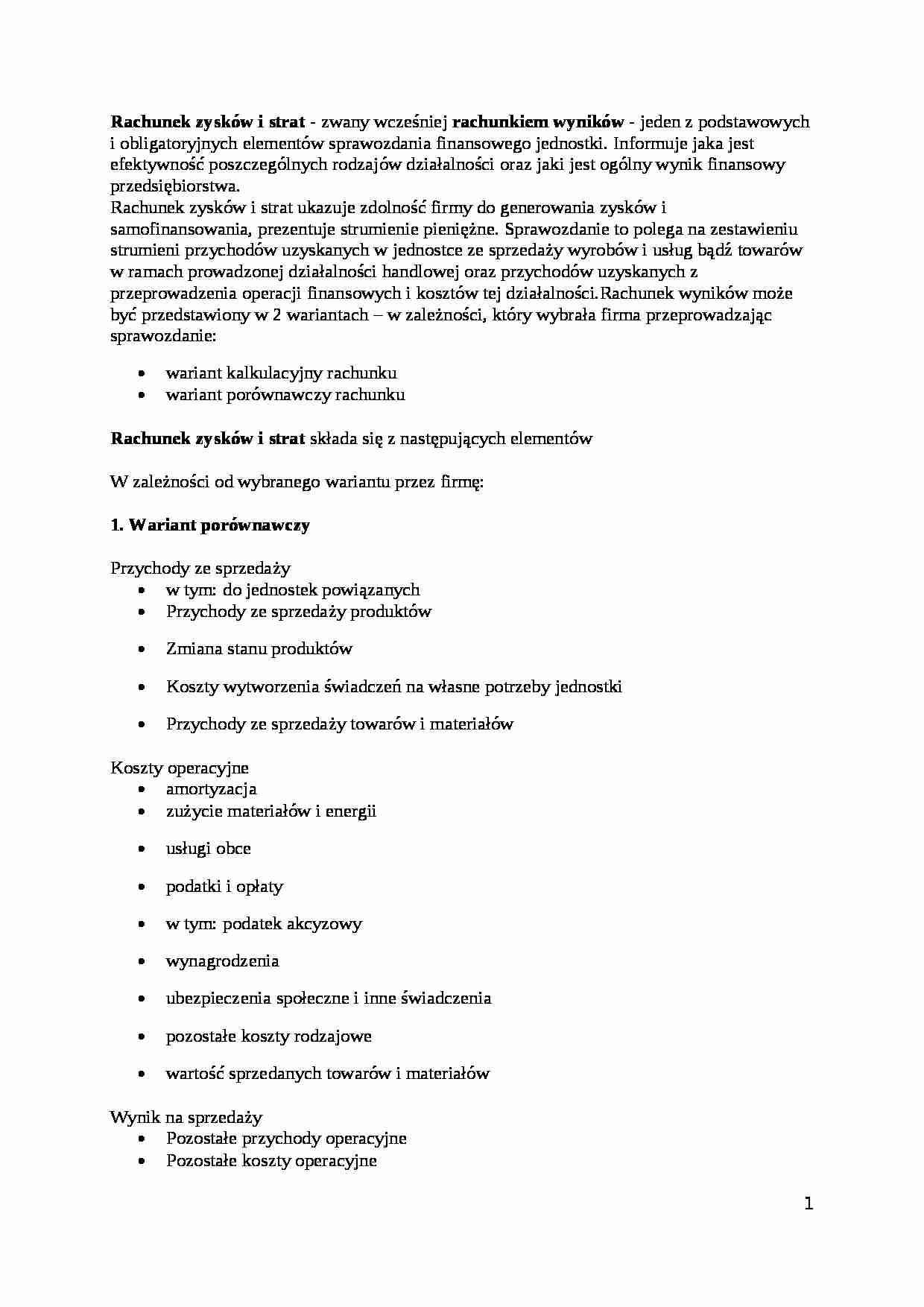 Rachunek zysków i strat - Rachunek wyników - strona 1