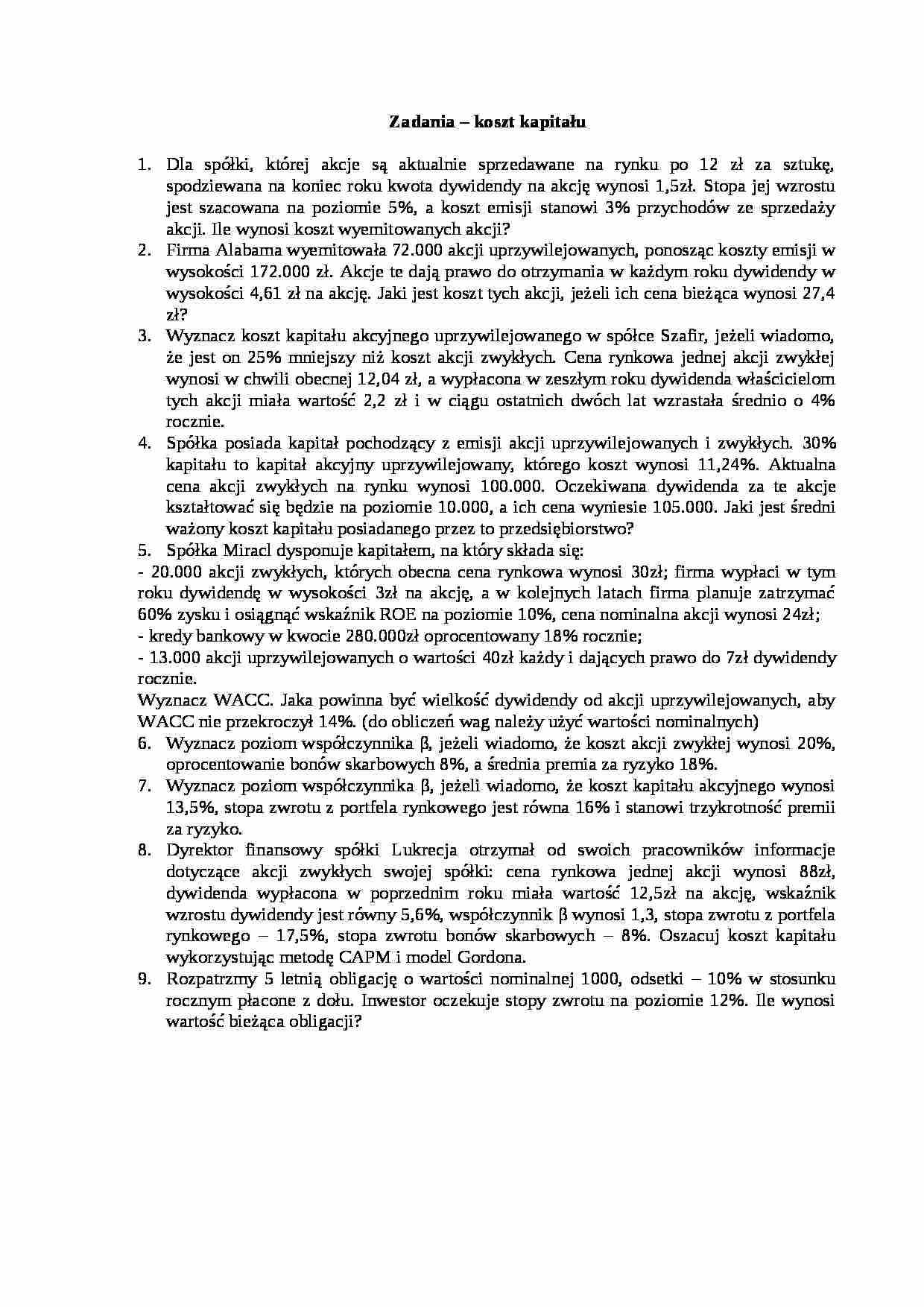 Koszt kapitału - zadania  - strona 1