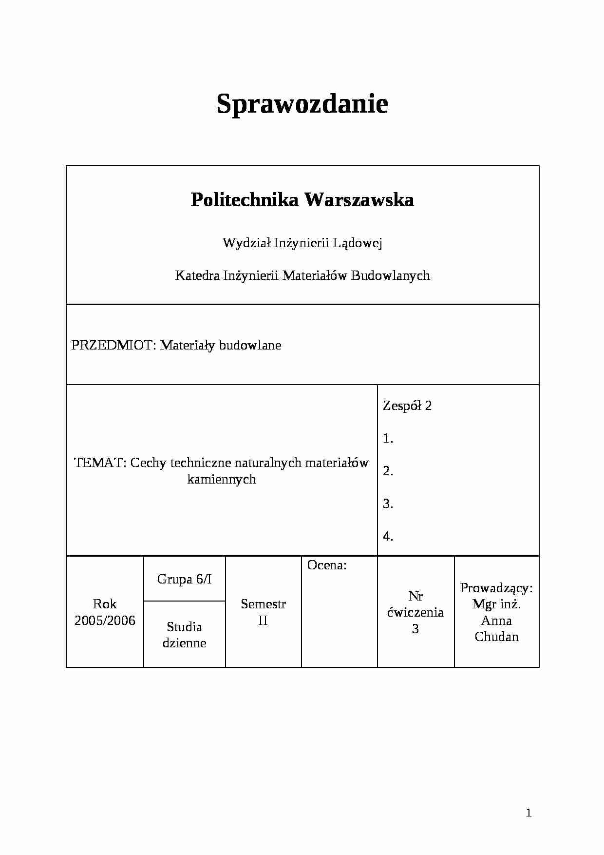 Cechy fizyczne materiałów kamiennych - sprawozdanie - strona 1