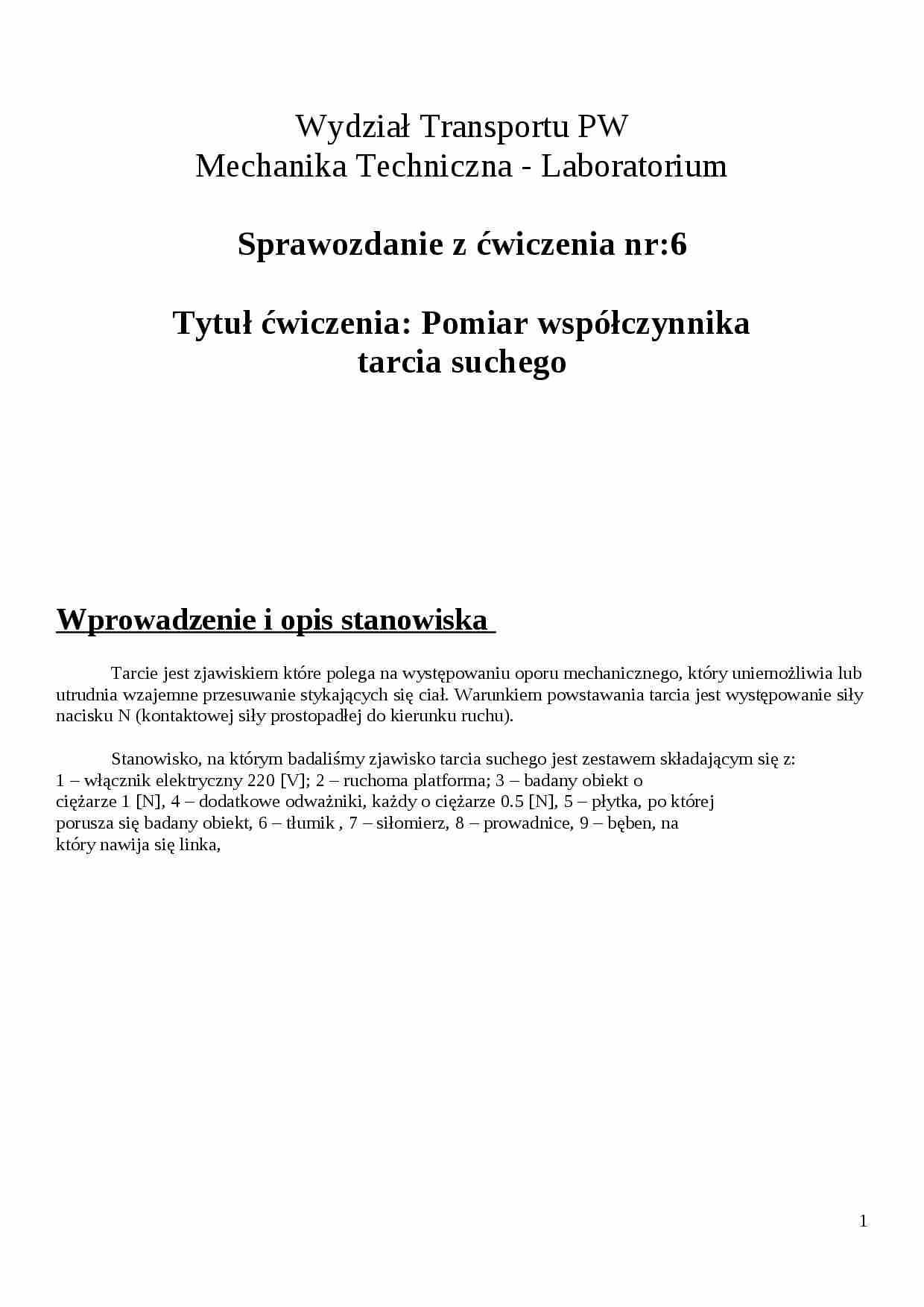 Pomiar współczynnika tarcia suchego - ćw. 6 - strona 1