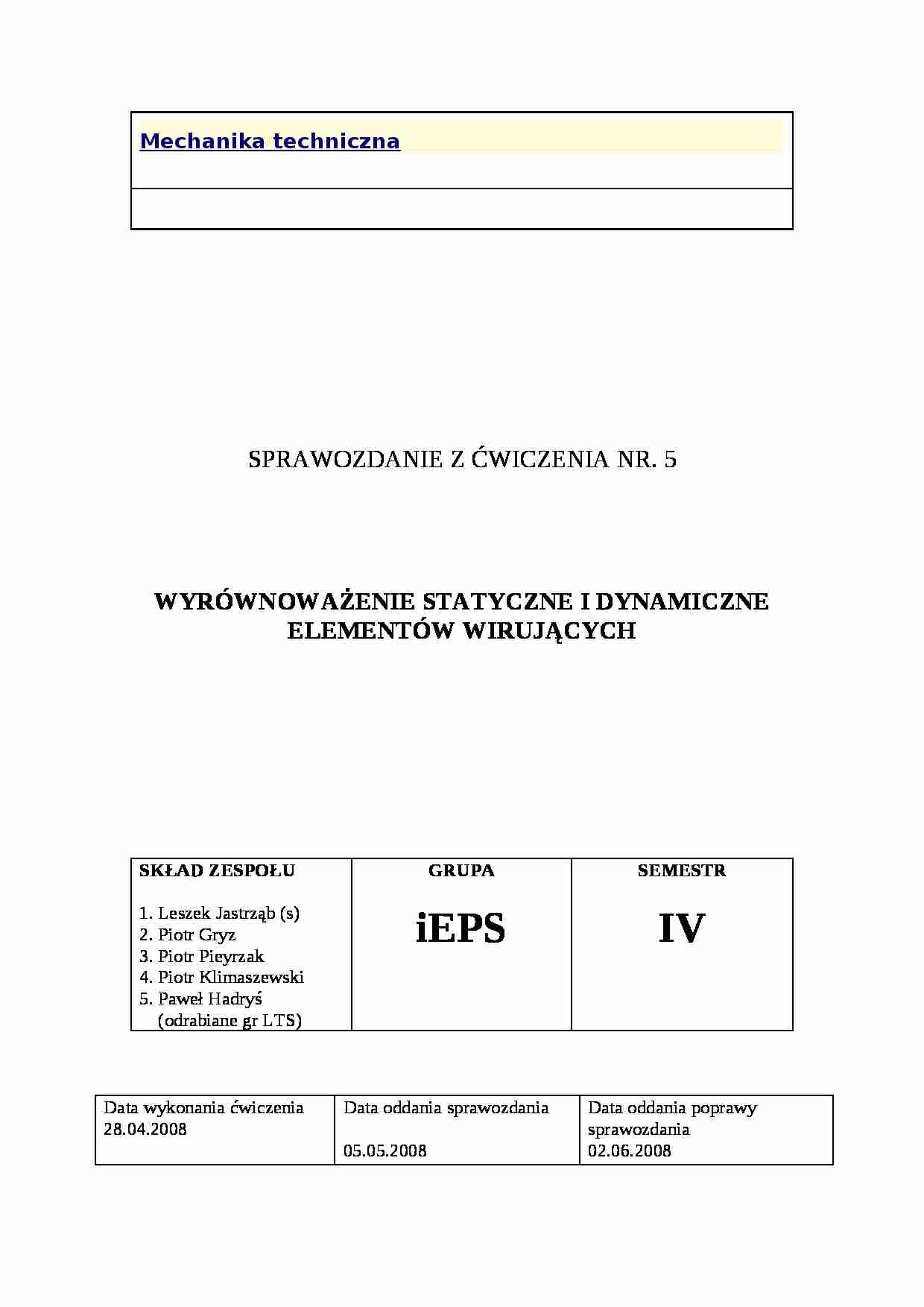 Wyrównoważenie statyczne i dynamiczne elementów wirujących - strona 1