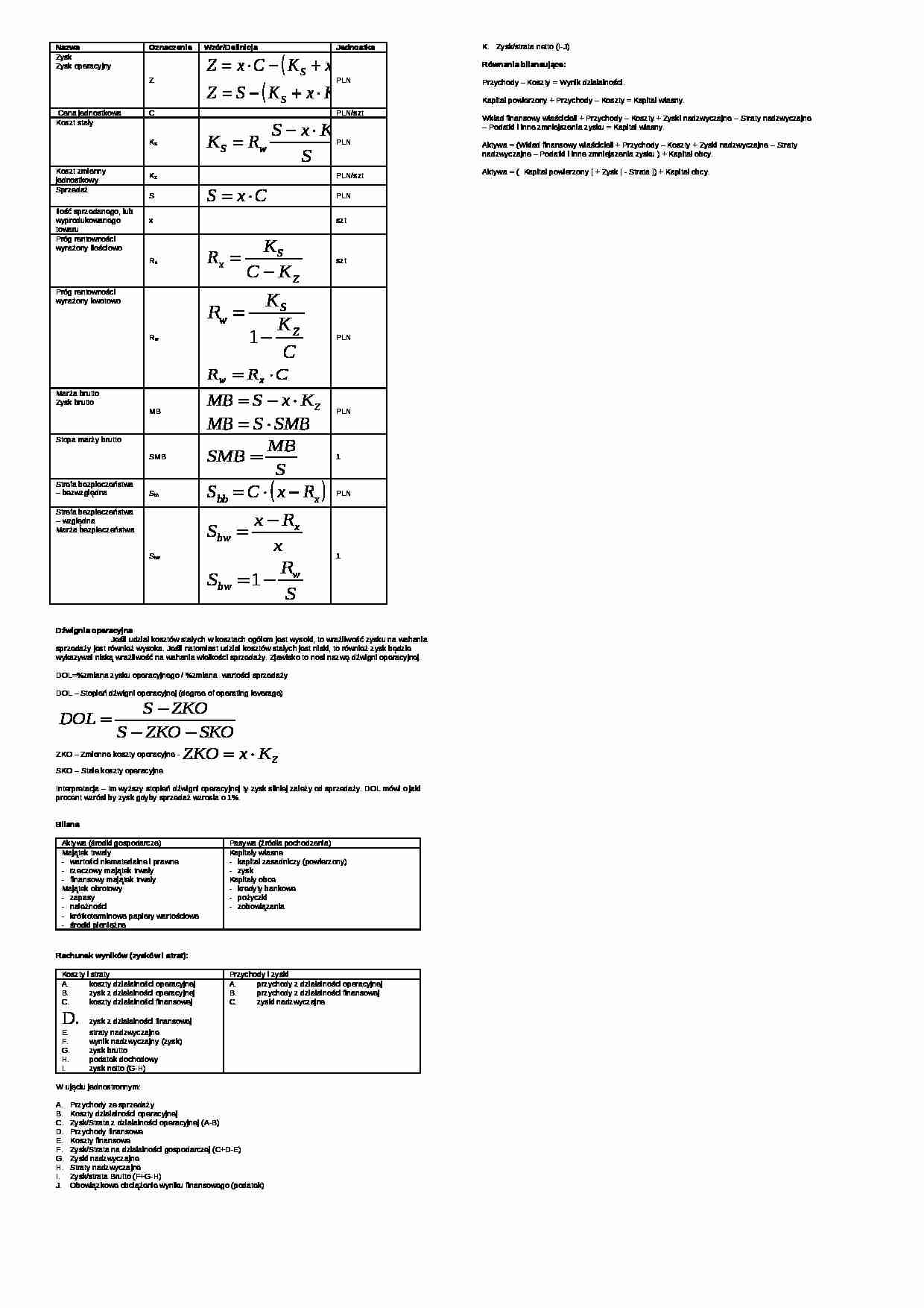 Analiza ekonomiczna- Dźwignia operacyjna - wzory - strona 1