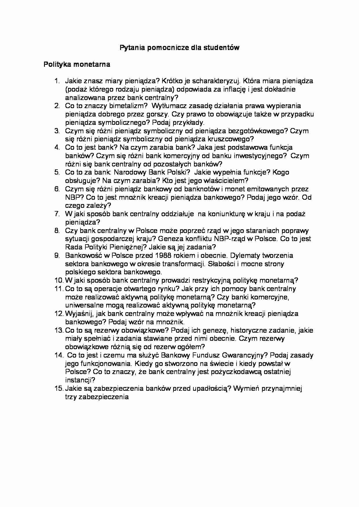 Pytania do wykładu - Polityka monetarna - strona 1