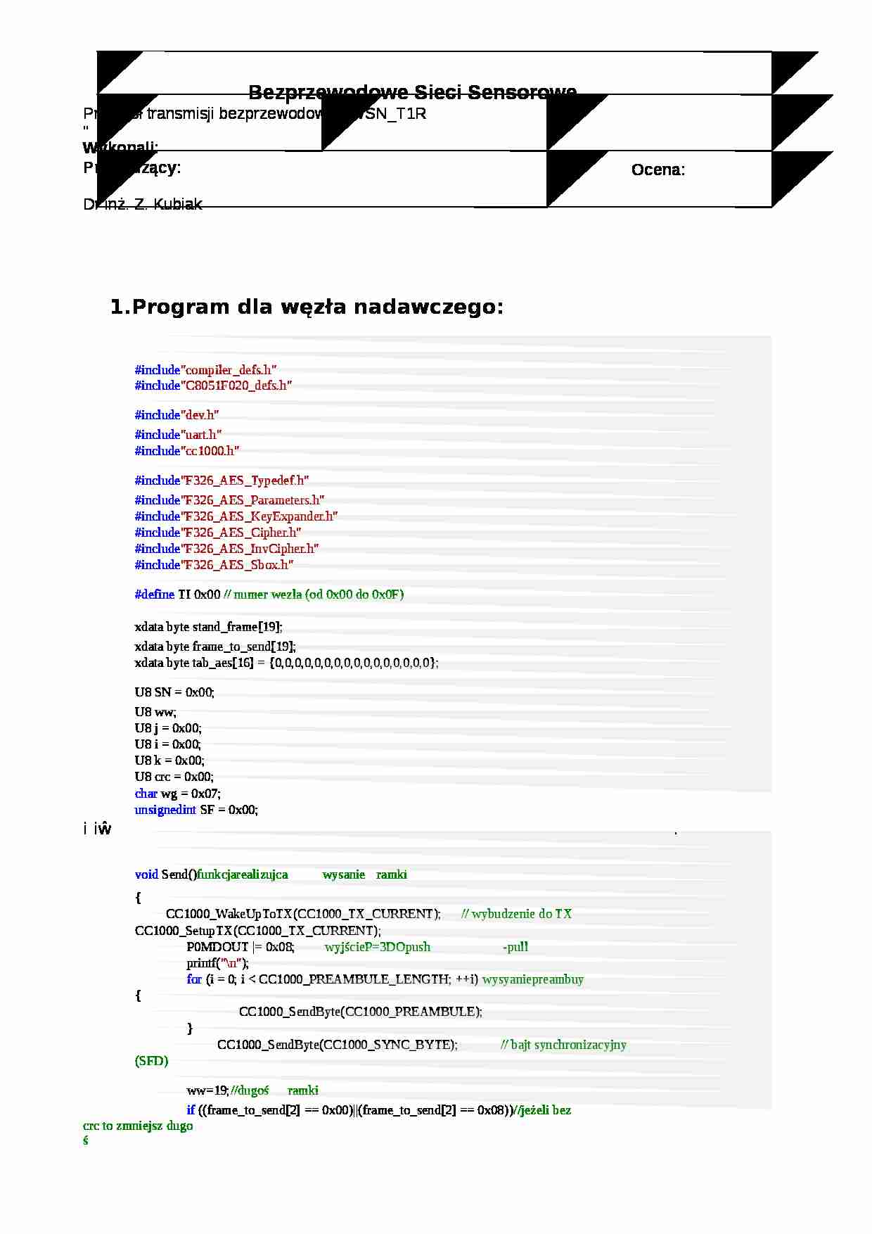 Protokół z  transmisji bezprzewodowej  _WSN_TR1_ 2 - strona 1