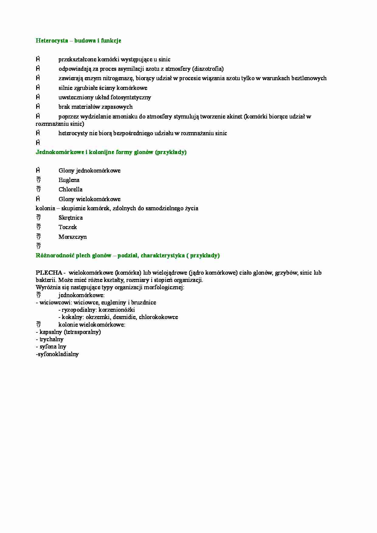 Heterocysty, jednokomórkowe i kolonijne formy glonów - strona 1