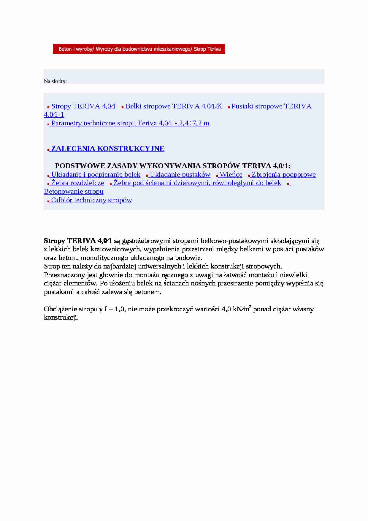 Stropy TERIVA - zalecenia konstrukcyjne - strona 1