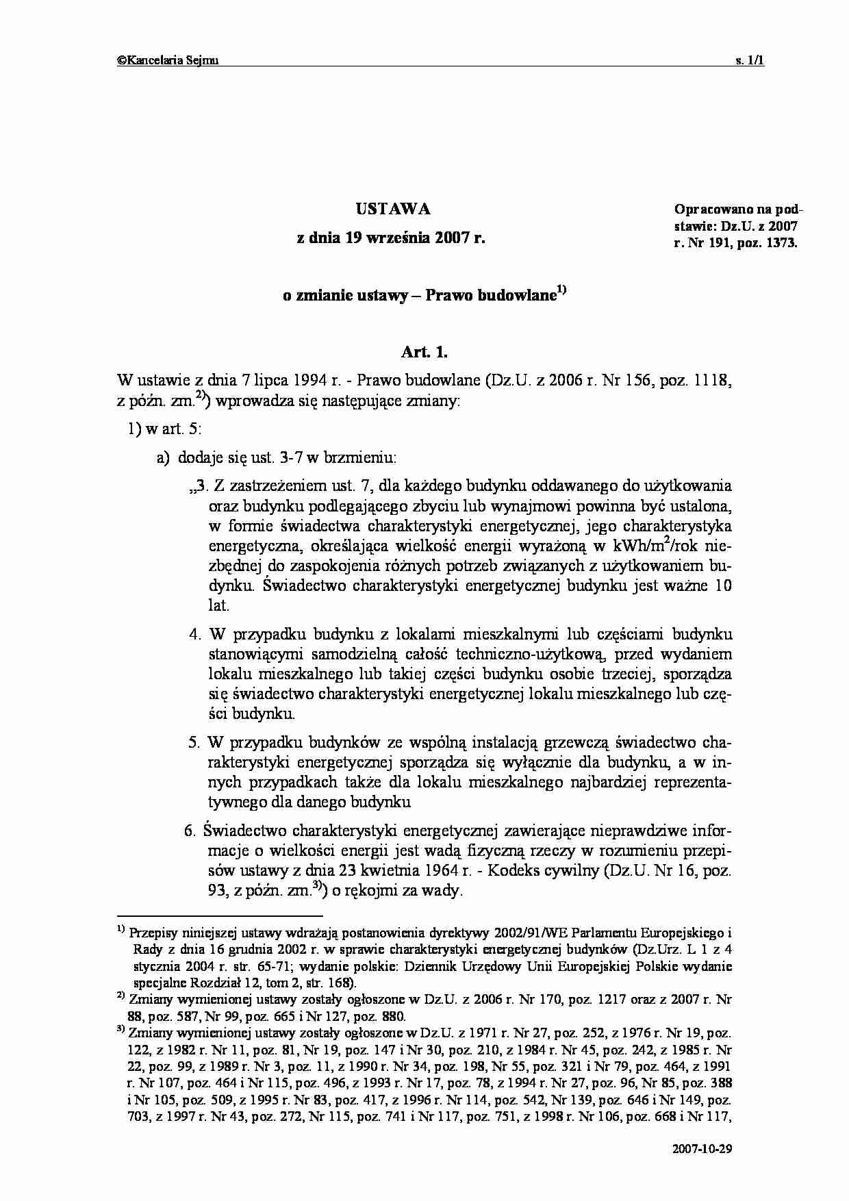 Ustawa o zmianie ustawy - Prawo budowlane - strona 1