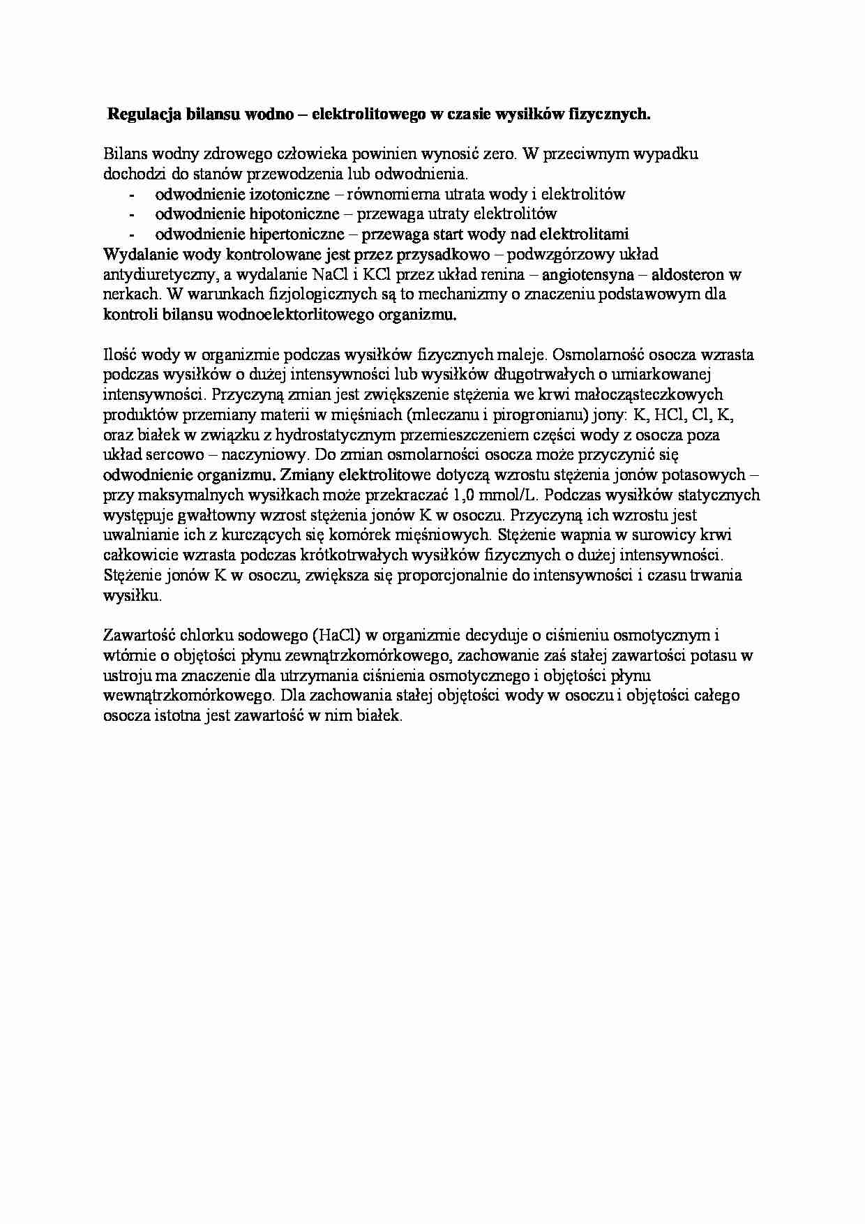 Regulacja bilansu wodno - elektrolitowego w czasie wysiłóków fizycznych - strona 1