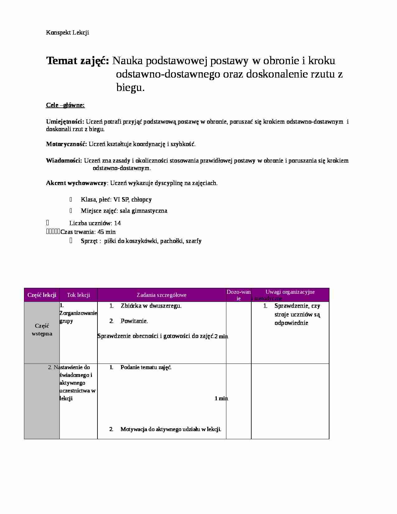 Konspekt Lekcji-Nauka podstawowej postawy w obronie i kroku odstawno-dostawnego  - strona 1