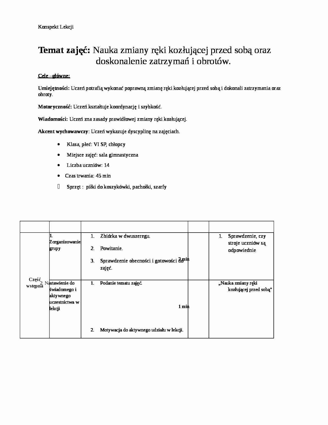 Konspekt Lekcji-Nauka zmiany ręki kozłującej  - strona 1
