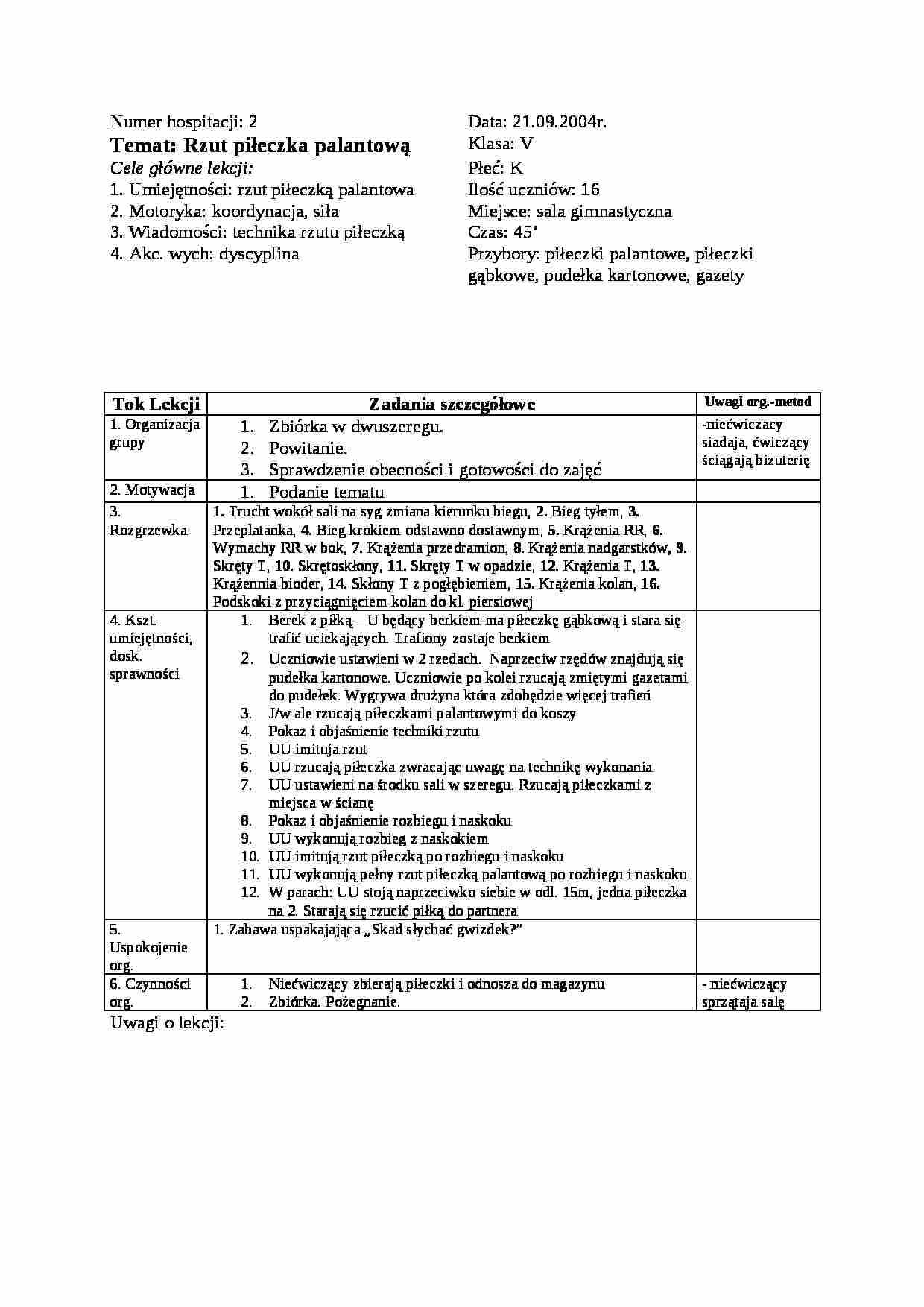 Konspekt lekcji-Rzut piłeczką palantową - strona 1