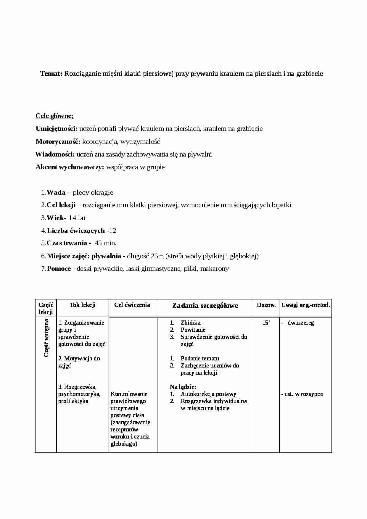 Pływanie korekcyjne-konspekt lekcji-plecy okrągłe - strona 1