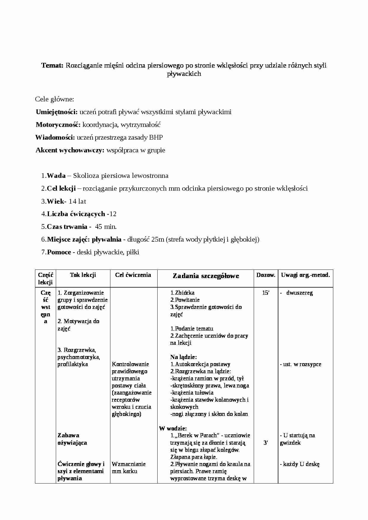 Pływanie korekcyjne-konspekt lekcji-skolioza - strona 1