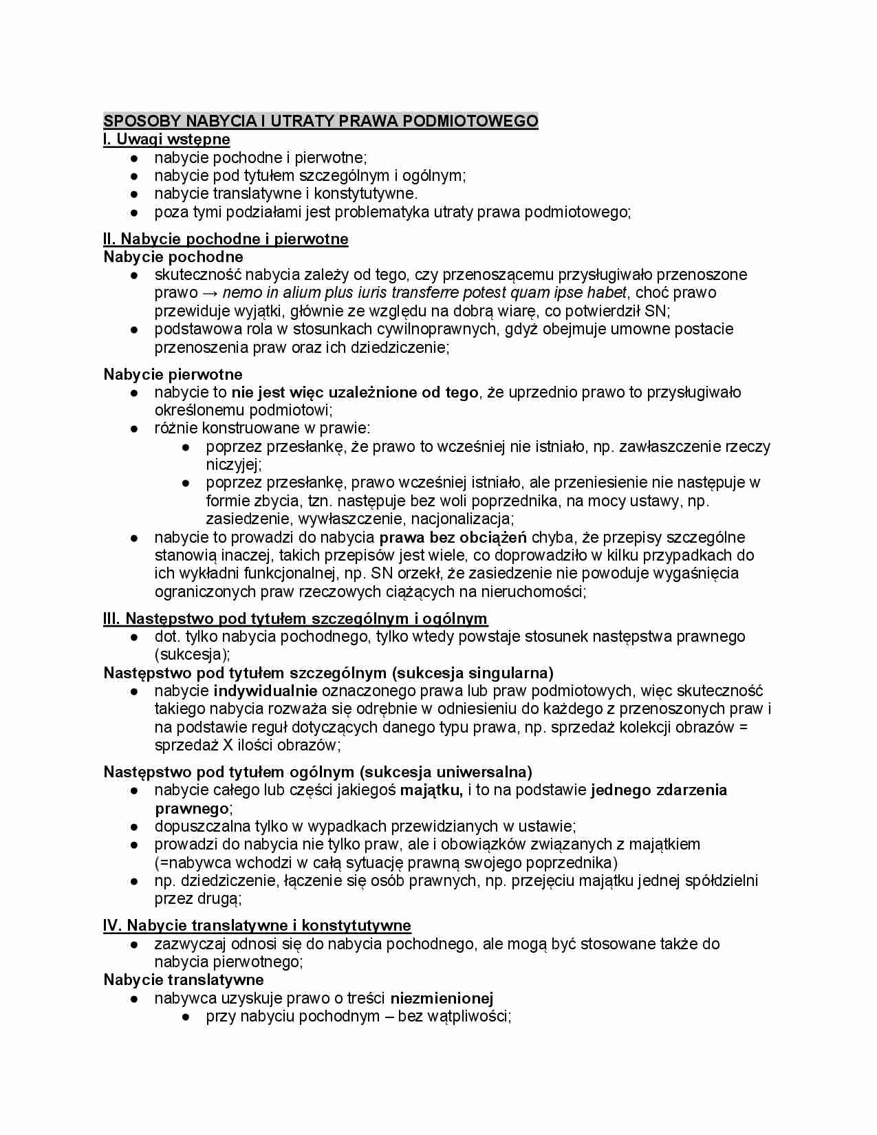 Sposoby nabycia i utraty prawa podmiotowego - strona 1