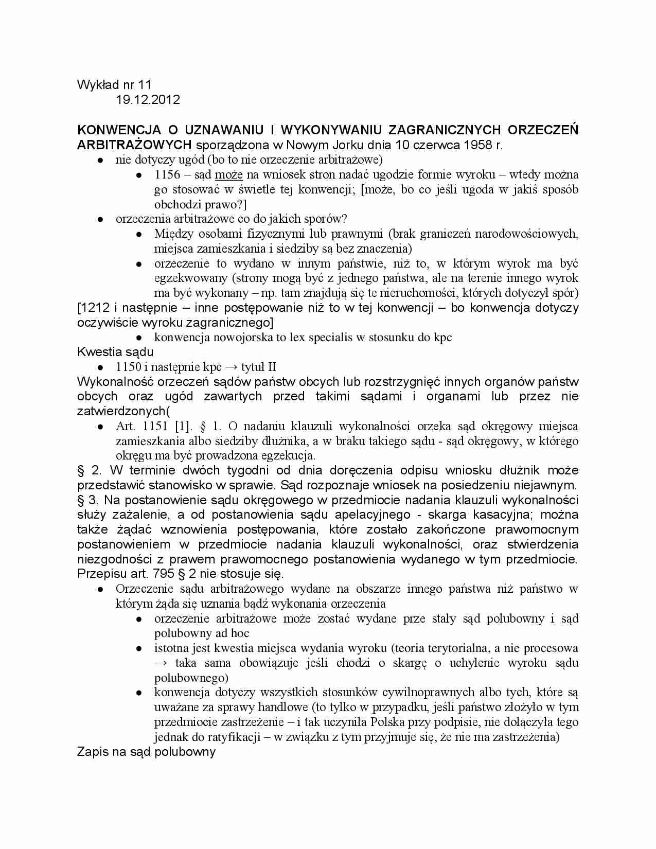 Konwencja o uznawaniu i wykonywaniu zagranicznych orzeczeń arbitrażowych - wykład - strona 1