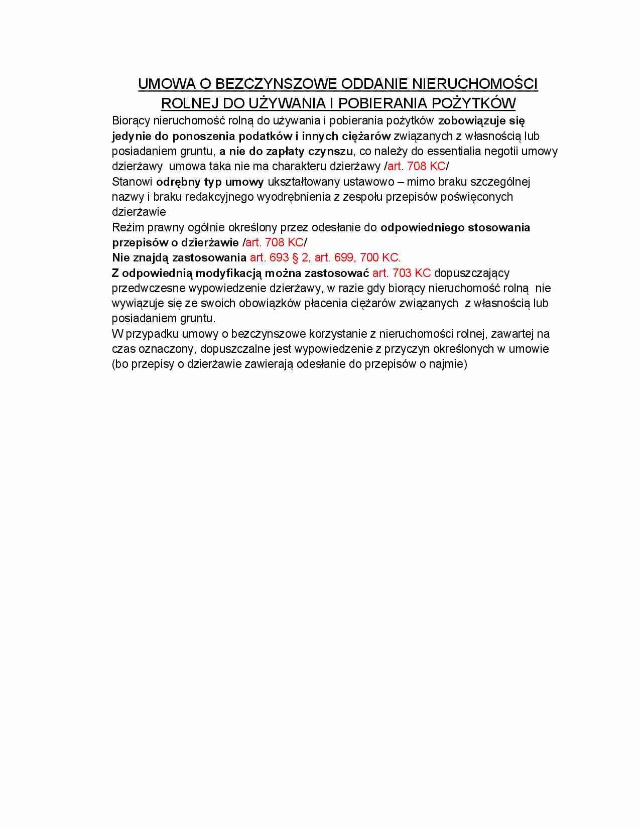 Umowa o bezczynszowe oddanie nieruchomosci rolnej do uzywania i pobierania pozytków - strona 1
