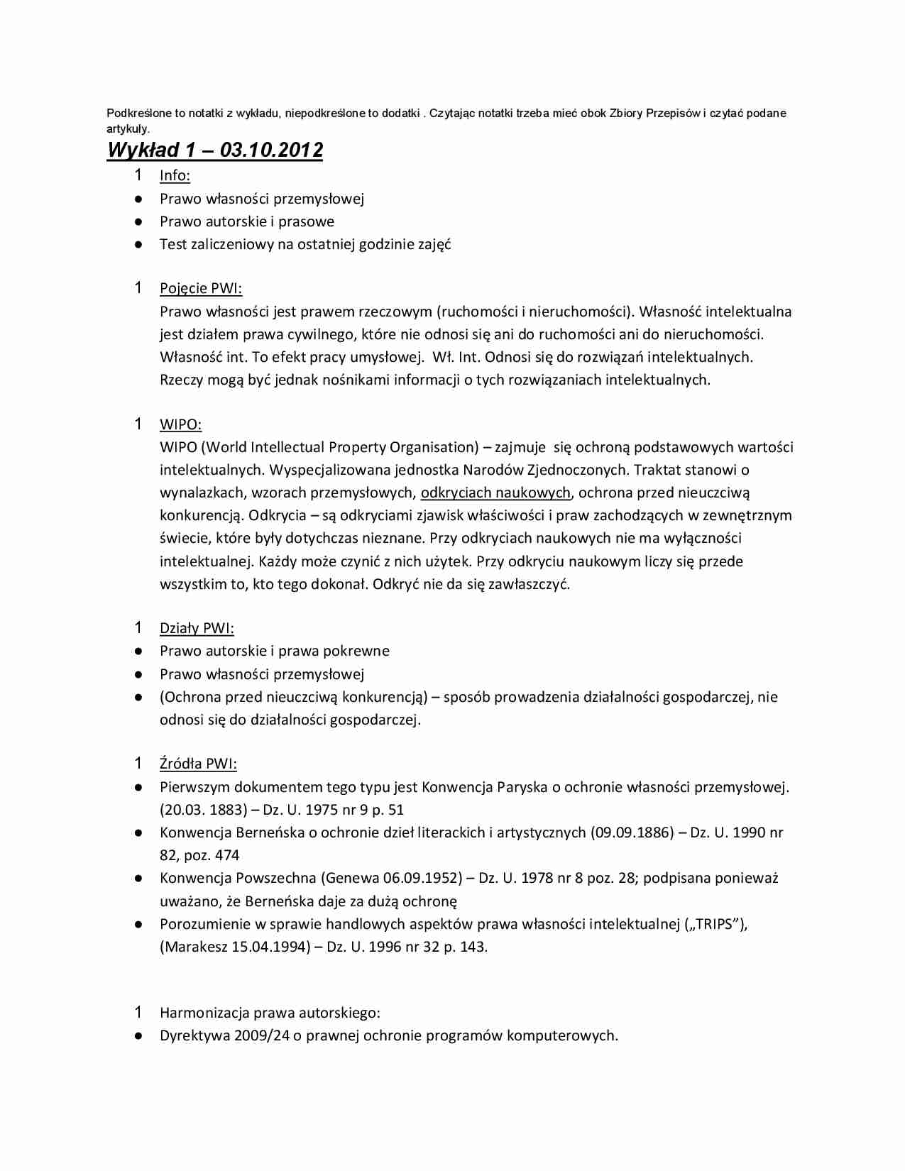 Prawo własności przemysłowej, autorskie i prasowe - wykład - strona 1