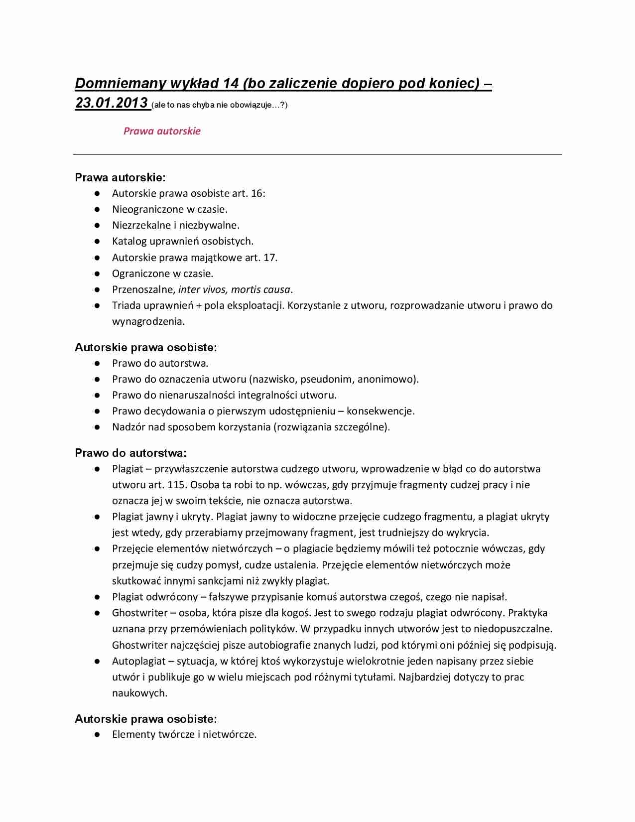 Autorskie prawa osobiste, prawo do autorstwa - wykład - strona 1