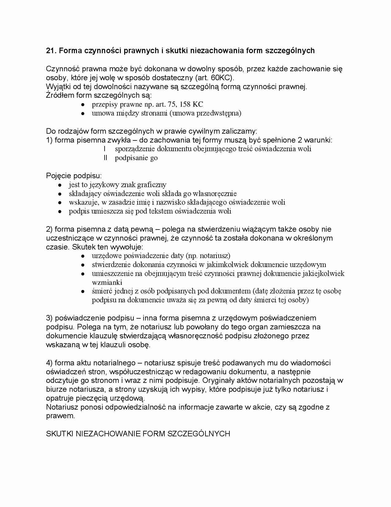 Forma czynności prawnych i skutki niezachowania form szczególnych - strona 1