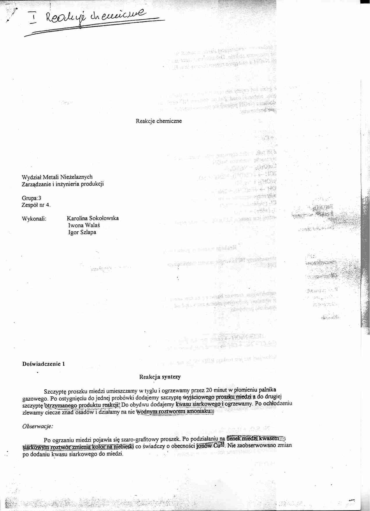 Reakcje chemiczne - opracowanie - strona 1