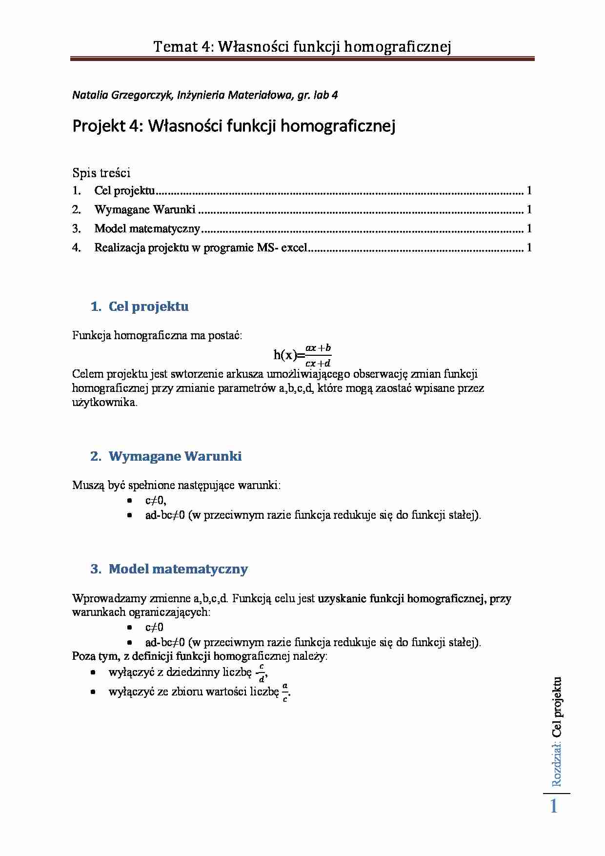 Własności funkcji homograficznej - projekt - strona 1
