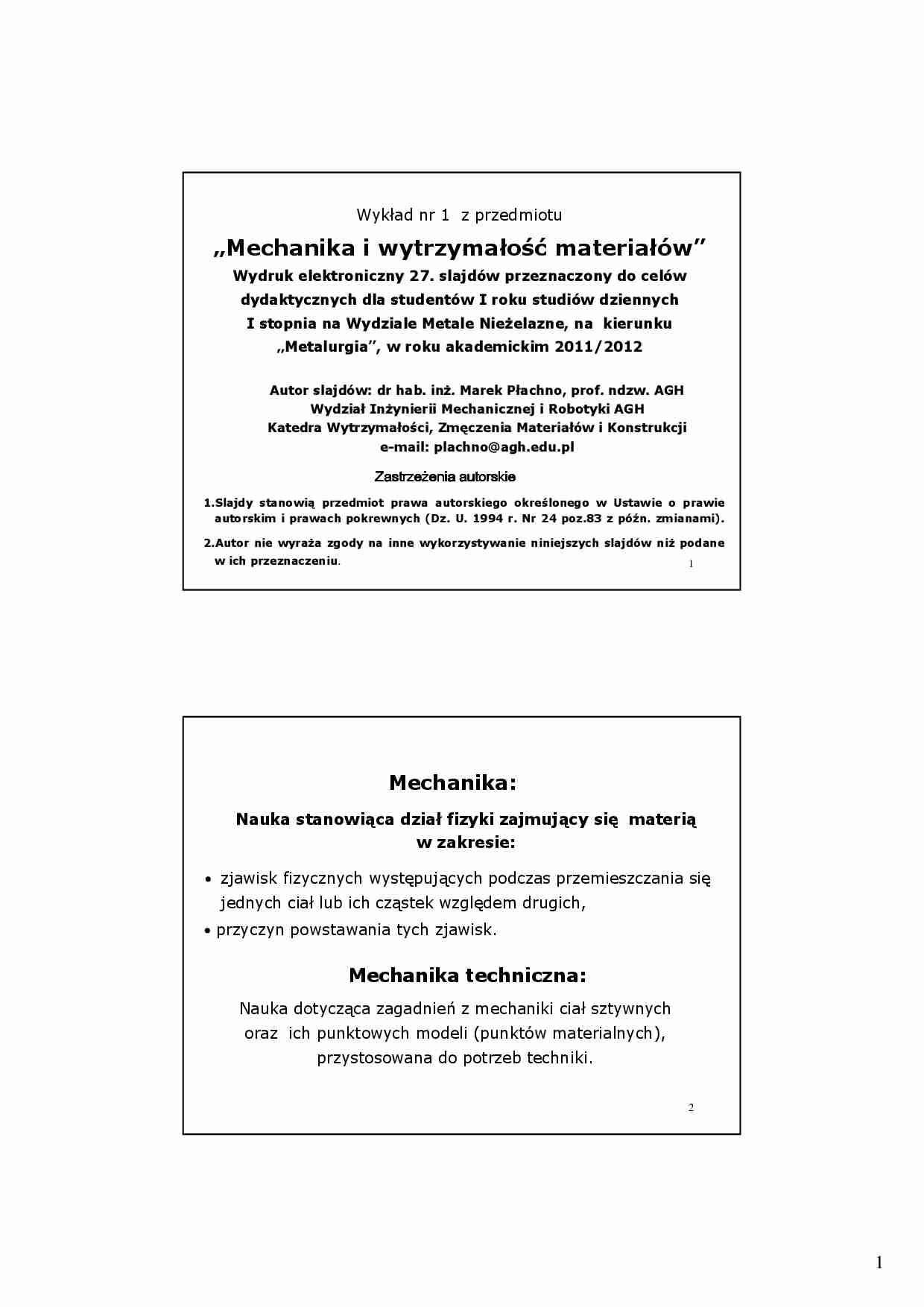Mechanika i wytrzymałość materiałów - wykład nr 1 - strona 1
