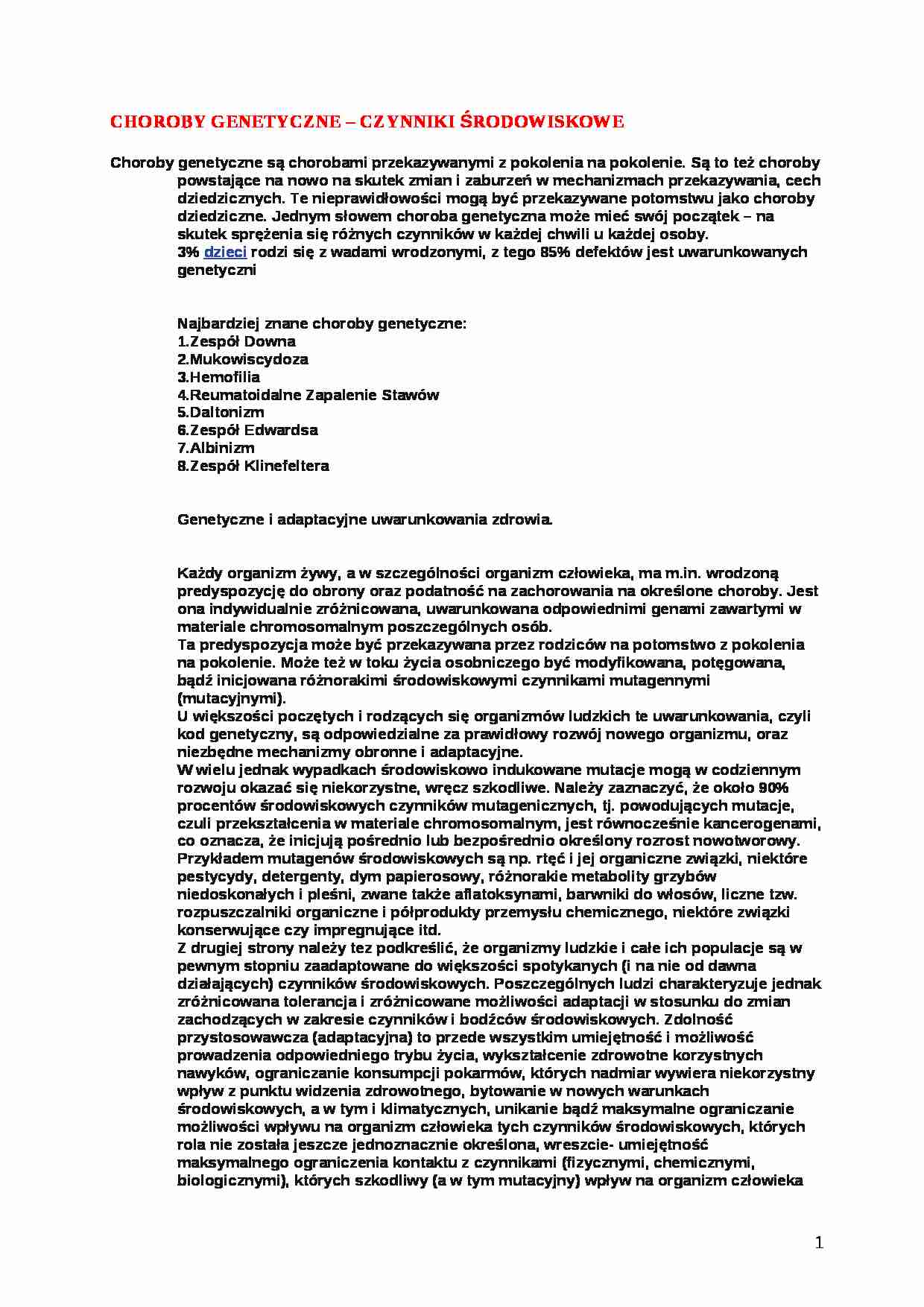 Choroby genetyczne- czynniki środowiskowe - strona 1