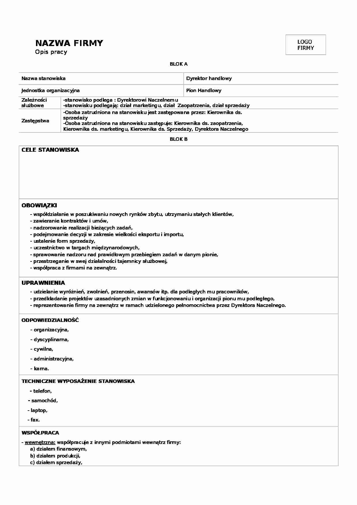Opis stanowiska pracy - Dyrektor handlowy - strona 1