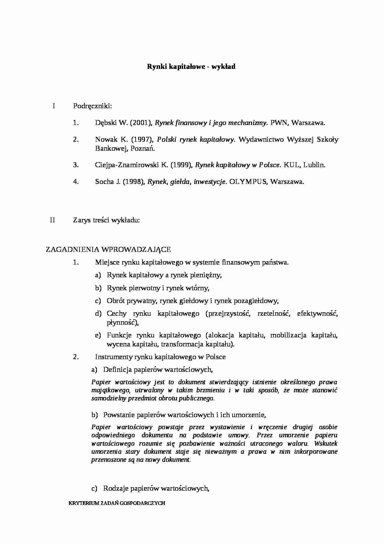 Rynki kapitałowe - wykład - strona 1