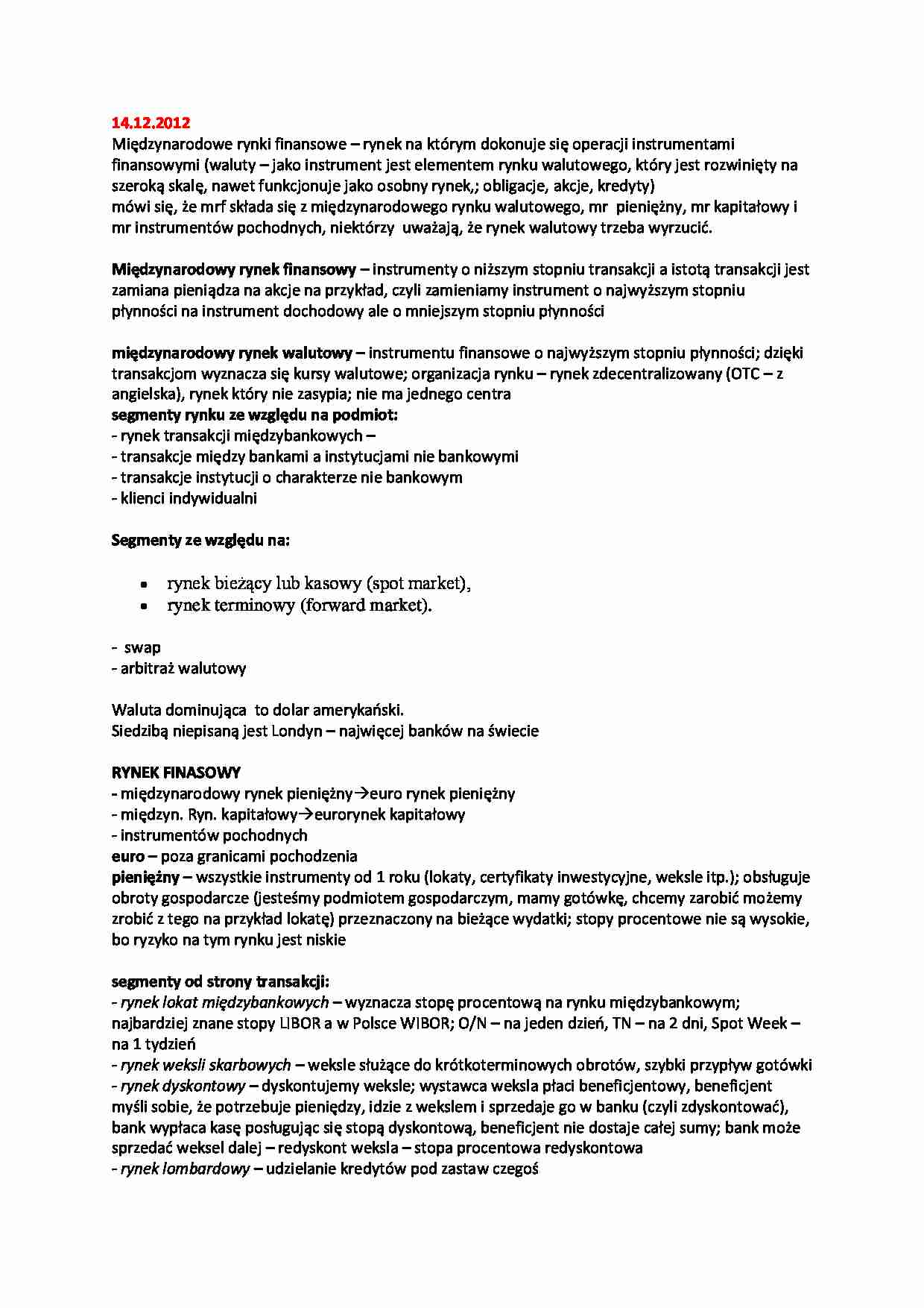 Międzynarodowe rynki finansowe - ćwiczenia 14.12.2012 - strona 1